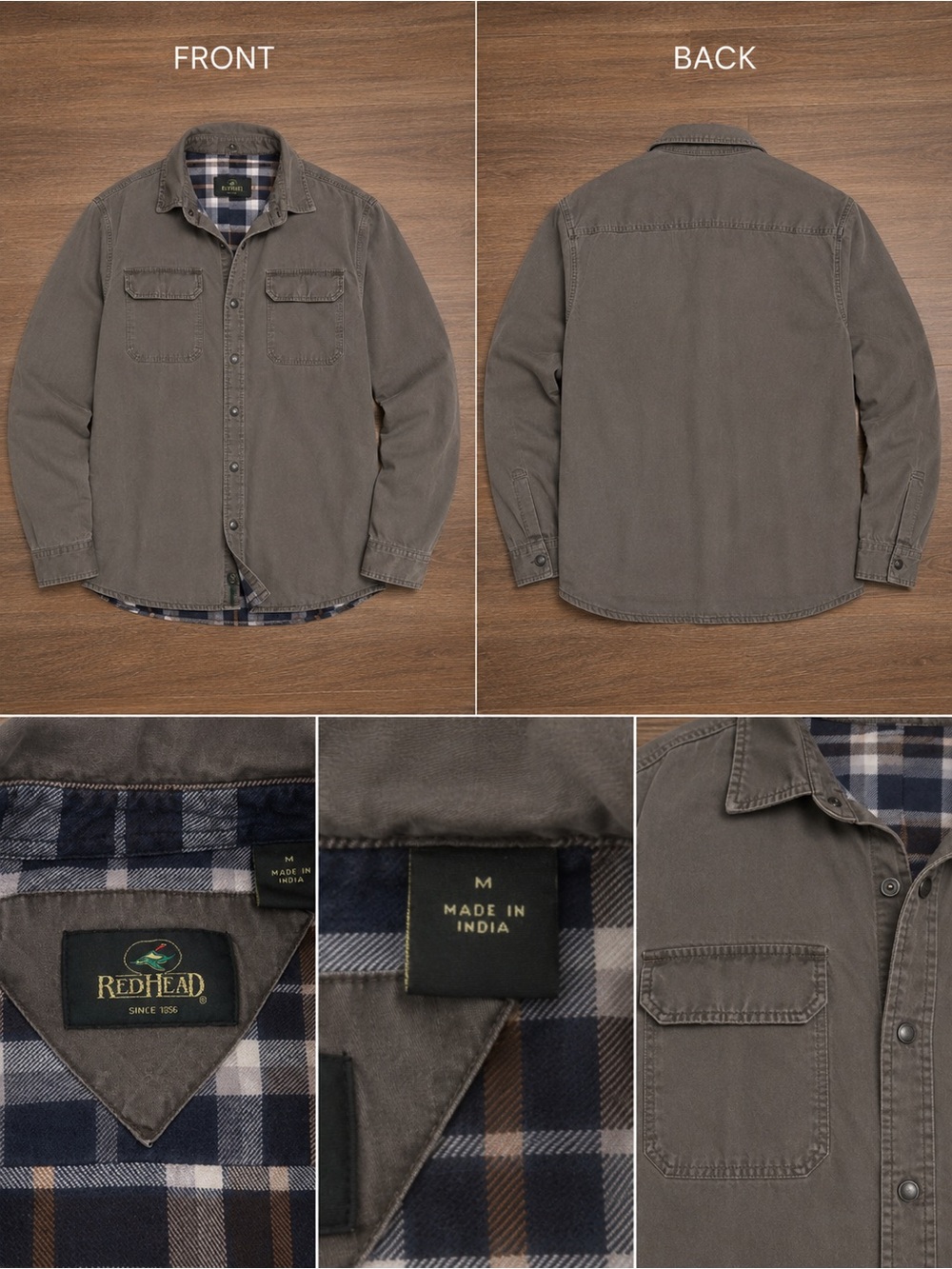 RedHead Gray Button Front Workshirt with Plaid Lining